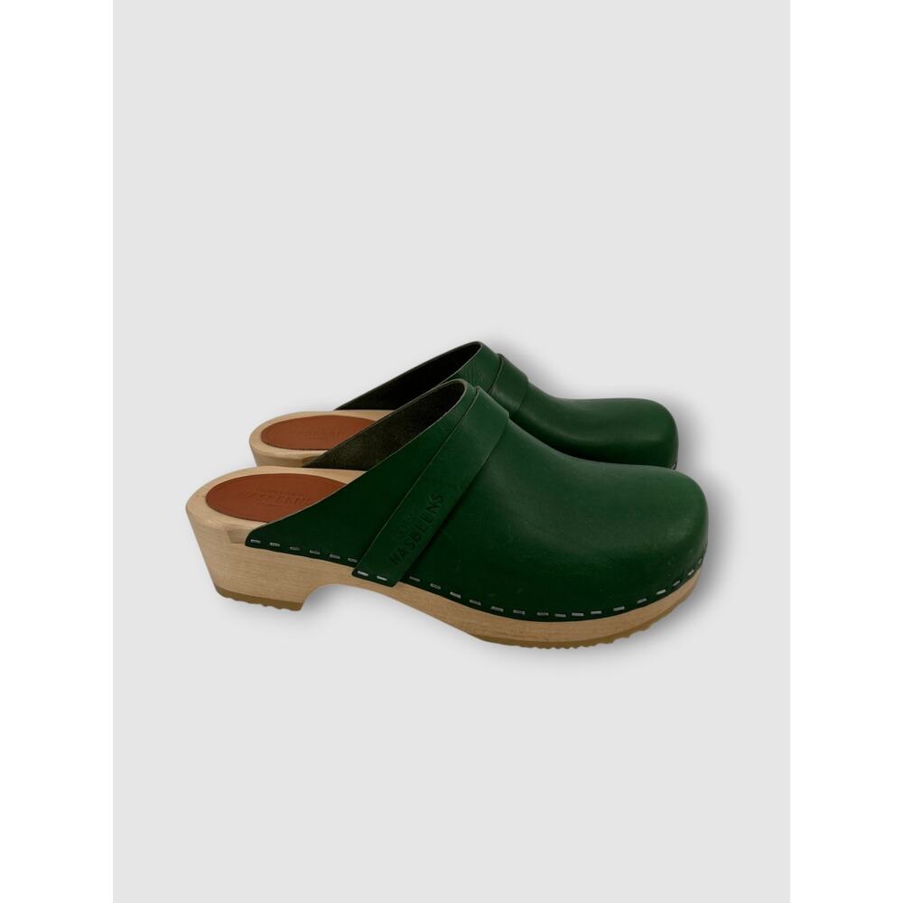 Swedish Hasbeens Green Leather Clogs Wood Platform Mule Clogs Size 38 - Picture 2 of 9